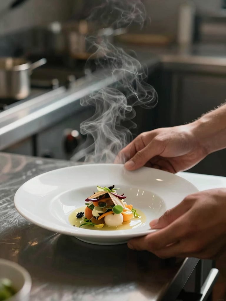 A portrait shot of hands plating a delicate dish in a professional kitchen, steam rising softly in the background, natural side-lighting.