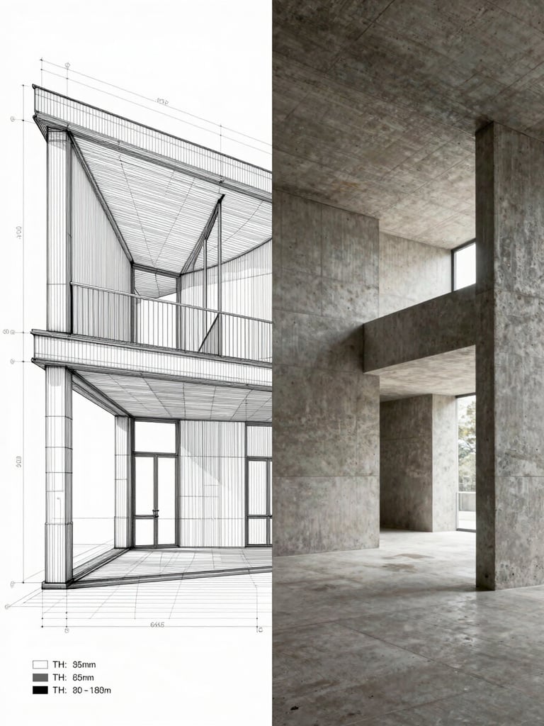 Split-screen architectural visualization showing a raw blueprint wireframe morphing into a photorealistic concrete interior, technical metadata overlays.