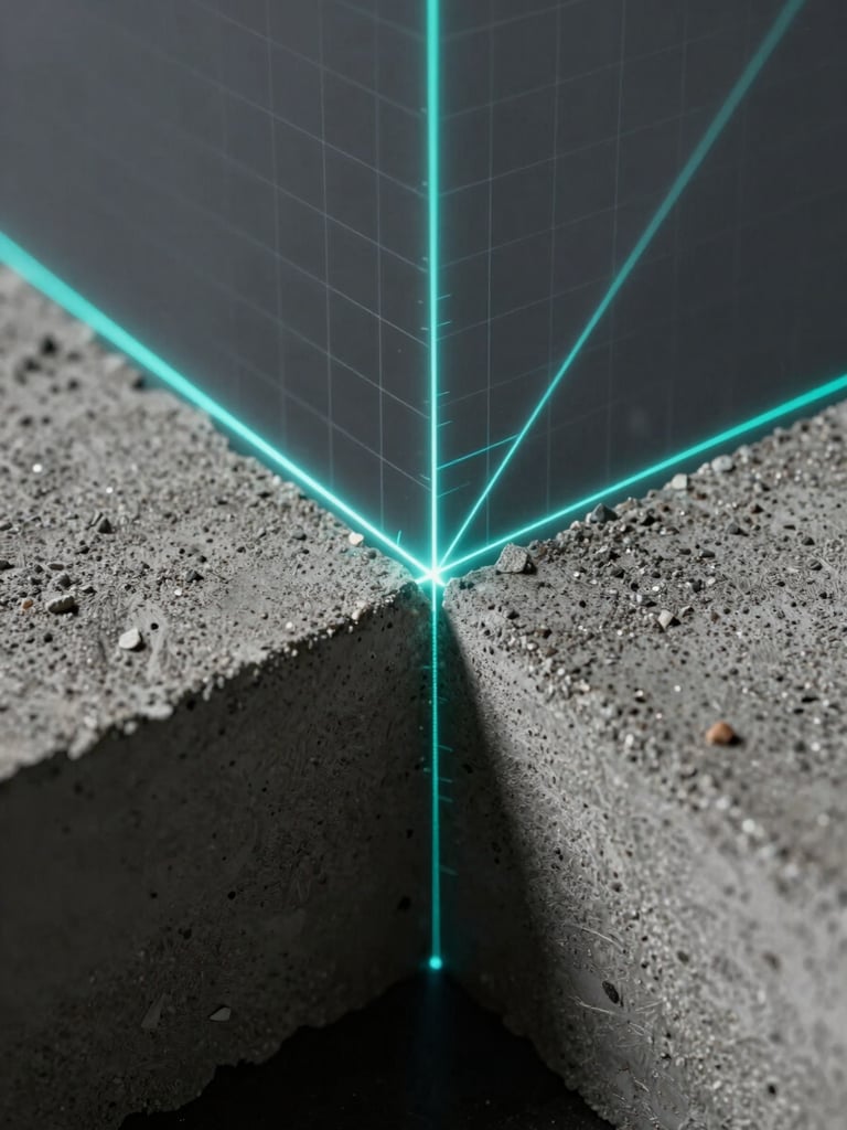 Close-up macro shot of architectural materials, raw concrete grain intersecting with a sharp cyan laser line, technical blueprint grid overlay, high-contrast dark lighting.