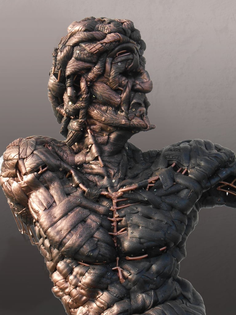 Sculpture made by recycling old bicycle tyres over a welded steel frame. Recycled sculpture