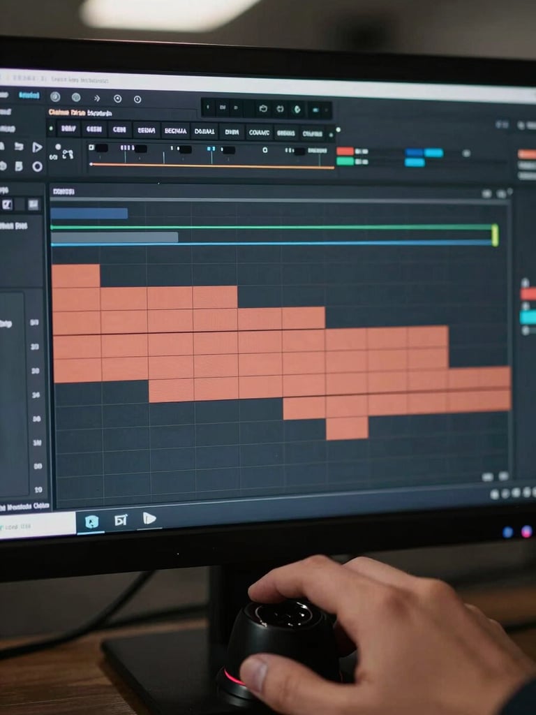 Extreme close-up of a video editing timeline on a monitor, color-coded clip blocks in terracotta and dark tones partially visible, a hand resting on a precision jog wheel at the lower frame, diffuse cool studio light from above, no screen glare