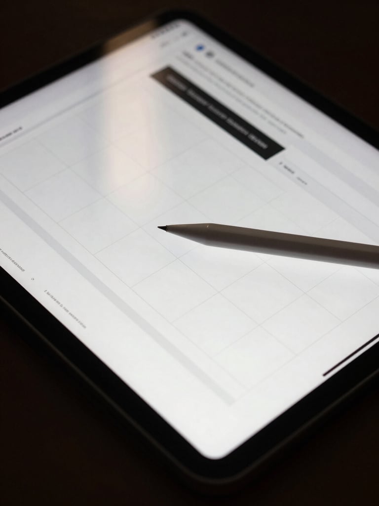 Close-up of a tablet screen showing a website wireframe grid in progress, a stylus resting diagonally across the lower corner, lateral diffuse window light reflecting softly on the screen surface, dark background behind the tablet