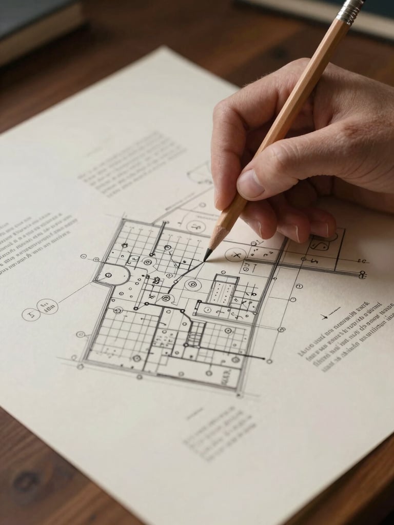 Close-up of a hand holding a thick pencil over a large sheet of cream paper covered in rough brand architecture diagrams, positioning maps and circled keywords, diffuse lateral studio light from the left, dark wood desk surface visible at the edges