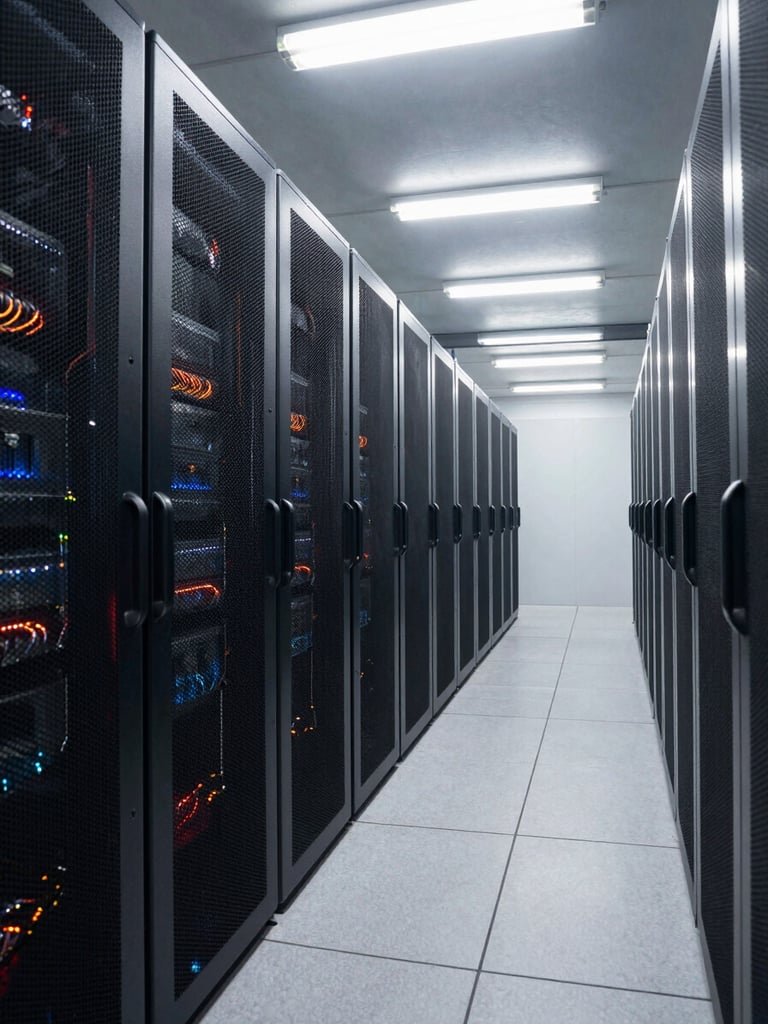 Wide environmental shot of a data center corridor, rows of illuminated server racks receding into depth, even overhead fluorescent lighting, steel-gray tones, clean cable management visible, no people