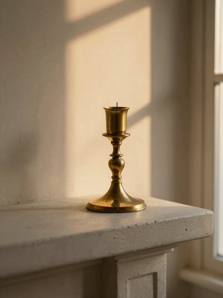 A close-up of a tarnished brass candlestick on a minimalist concrete mantle, soft golden-hour light, shallow depth of field