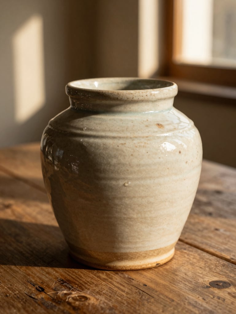 Detailed macro shot of a weathered ceramic jar with visible maker's marks, resting on a rustic oak table, warm side lighting