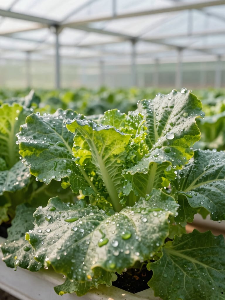 Close-up of vibrant green vegetable leaves wet with morning dew in a modern high-tech greenhouse, natural morning sunlight, sharp focus on leaf texture