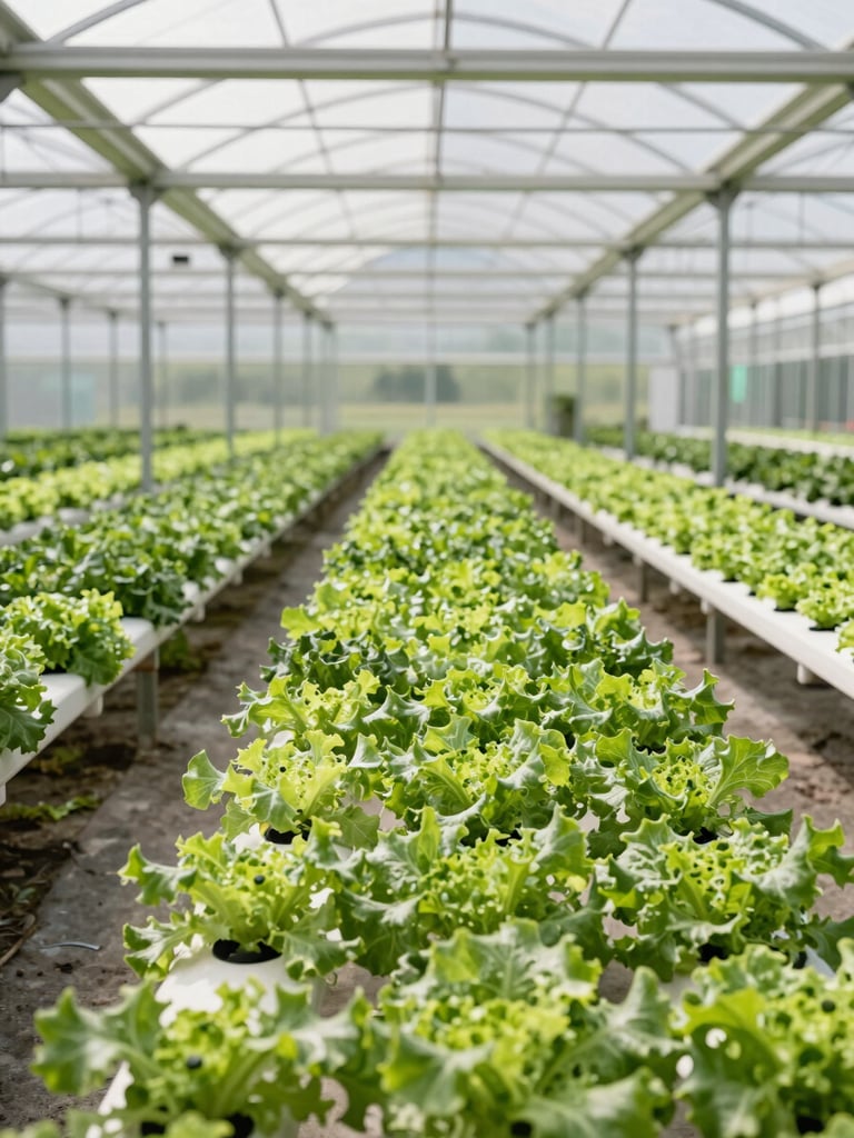 Wide-angle crisp shot of a modern agricultural greenhouse in morning light, rows of pristine hydroponic leafy greens extending into the distance, clean concrete paths, high-tech ventilation visible.