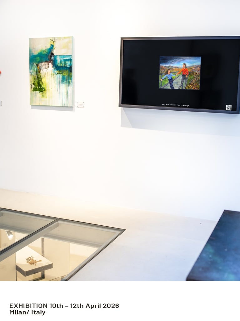 Fine art by Margueritte Tonbazian exhibited on digital screens in Milan, Italy, 2026.