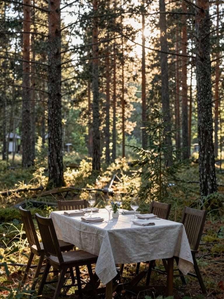 Diffused morning light through tall pine trees over a private outdoor dining table set for four in a Nordic forest clearing, linen napkins, glassware catching the light, no people present, serene and still