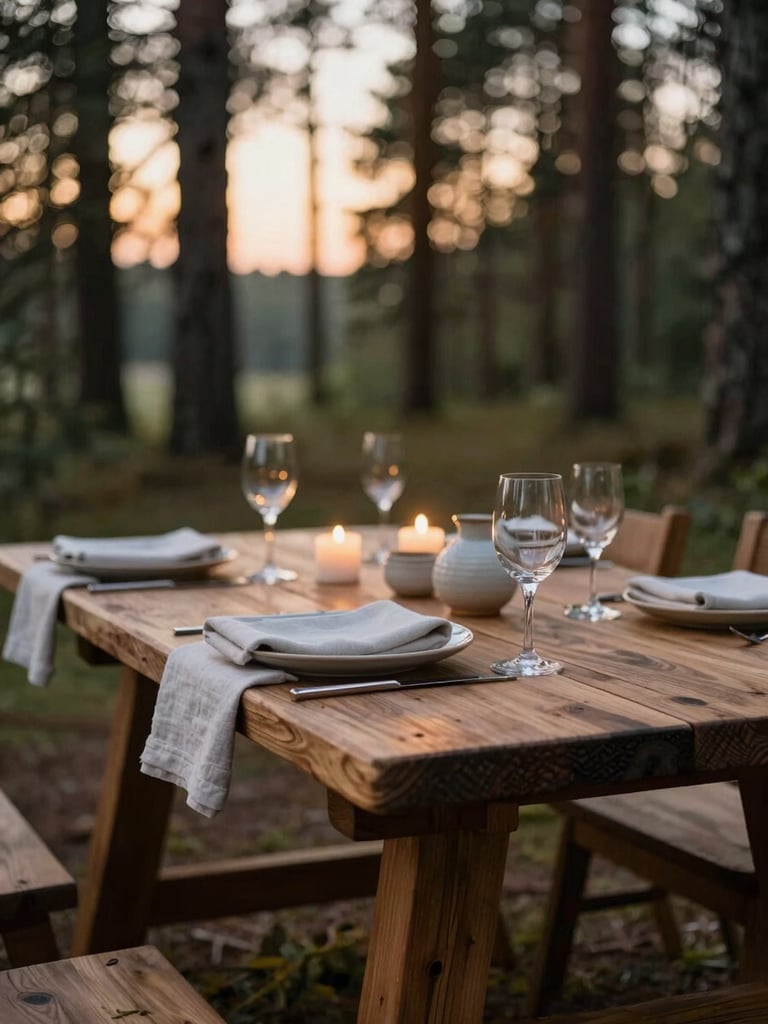 Close-up of a handcrafted wooden outdoor table set for a private dinner in a forest clearing, linen napkins, ceramic vessels, candlelight at dusk, pine trees softly blurred in background, diffused golden-hour light