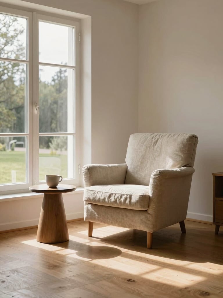 Interior corner of a sun-filled Nordic villa, a single linen-draped armchair beside a tall window, warm afternoon light pooling on pale oak floorboards, a small side table with a ceramic cup, no people, calm and unhurried