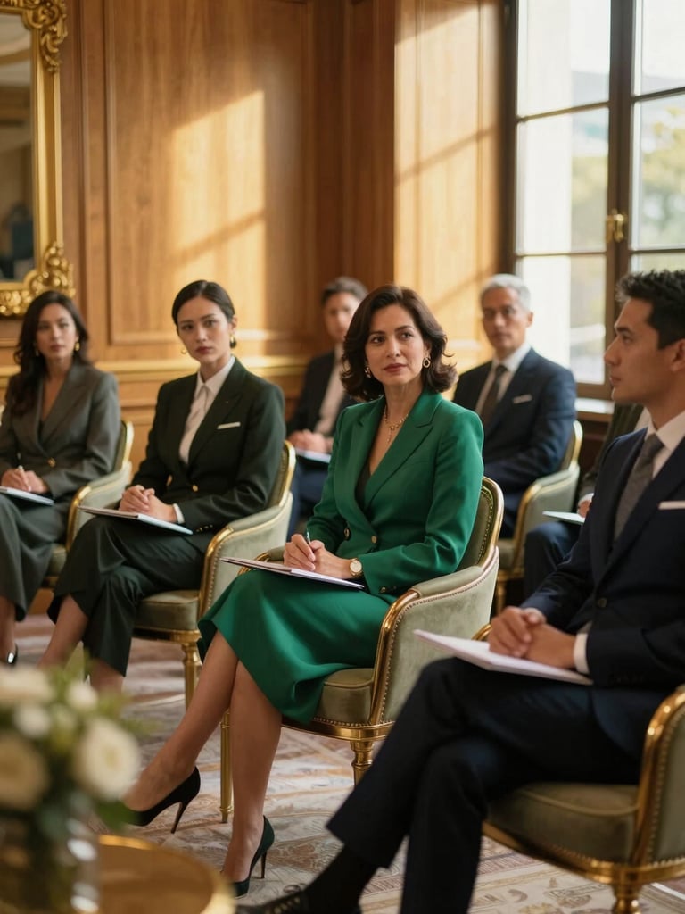 Elegant professional mentorship session in a luxurious wood-paneled room, warm golden-hour window light, diverse sophisticated professionals in deep emerald and navy attire, shallow depth of field, 35mm