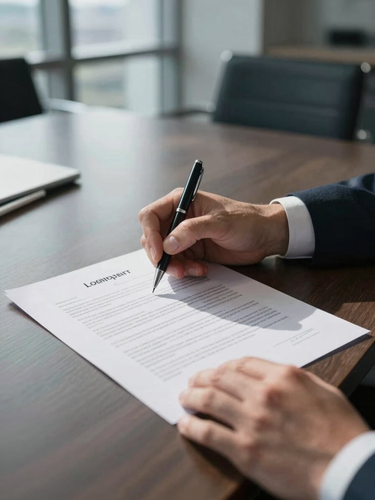Close-up of hands at a boardroom table, one hand holding a pen poised above a multi-page loan agreement, another hand steadying the document, cool window light from the left casting clean shadow across the paper, architectural background of a corporate meeting room blurred