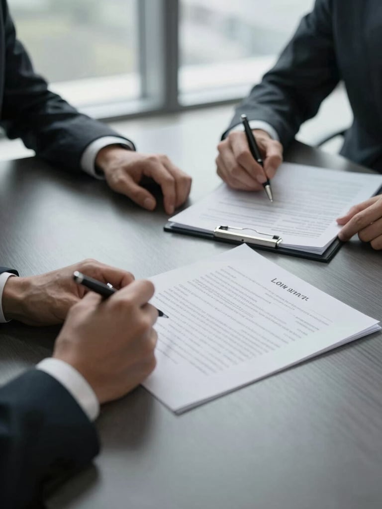Tight close-up of two suited professionals' hands at a polished boardroom table, one hand holding a pen over a printed loan agreement with dense text columns, the other resting on a financial spreadsheet — office ambient light from a wide window, no faces visible, grayscale tones with deep shadow
