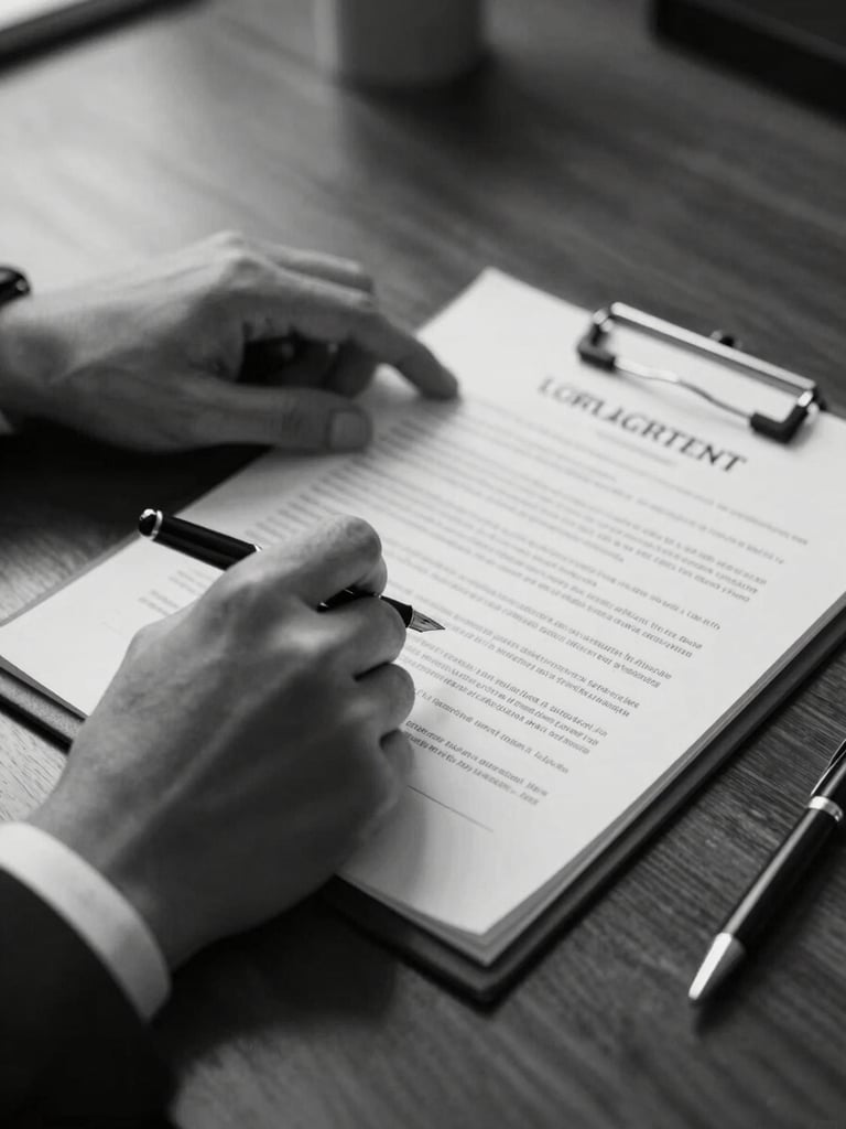 Close-up tight shot of hands in shirtsleeves turning pages of a formal loan agreement on a dark wood desk, a fountain pen resting at the edge, office ambient light, high contrast monochrome feel, no faces visible