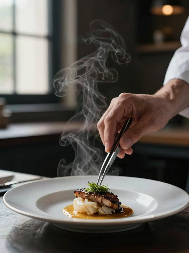 Close-up of chef hands plating a dish with tweezers under soft window light, rising steam, dark moody background.