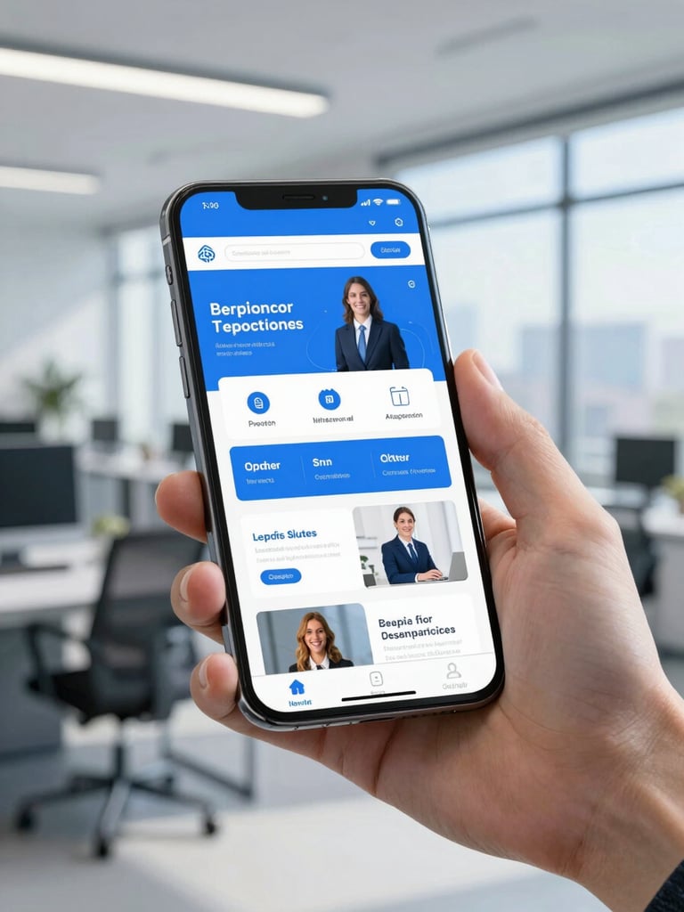 A hand holding a modern smartphone showing a clean responsive corporate website, bright daylight office background, professional blue tones