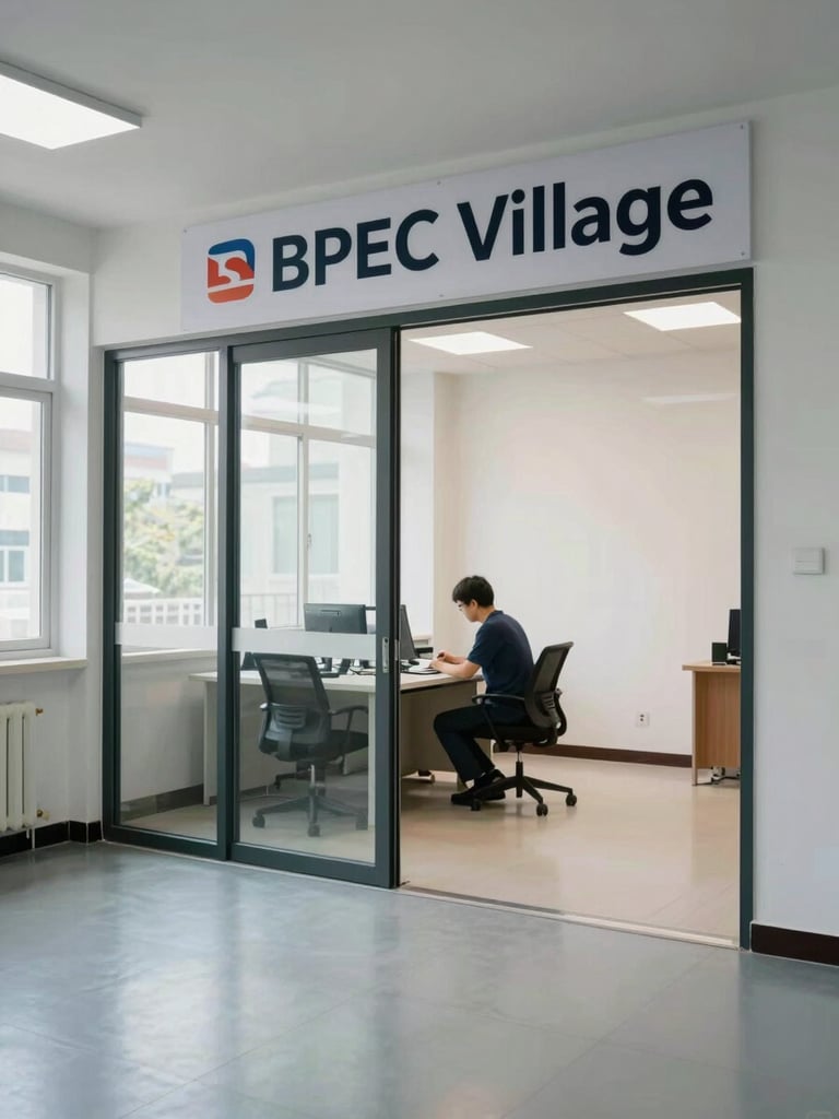 Wide interior shot of an occupied ground-floor commercial suite at BPEC Village, tenant seated at a desk engaged in work, daylight through large windows on the left, clean white walls and polished floors, shot from the doorway looking inward