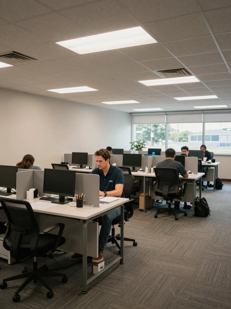Environmental interior shot of a commercial rental suite at BPEC Village, a tenant seated at a desk engaged in paperwork, wide-angle view showing the full room layout, overhead fluorescent and window light, shot during business hours, no posed smiles