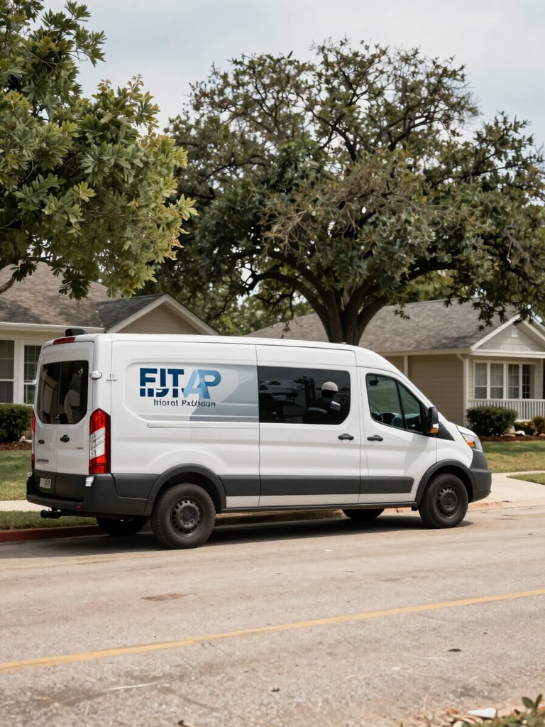 Wide environmental shot of a branded service van parked at a residential job site in Fort Worth, Texas — technician in uniform visible near the rear doors, natural midday daylight, suburban street with mature trees in soft background, desaturated tones with real-world site colors dominant