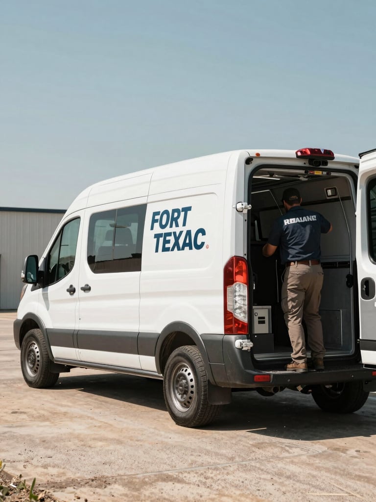 Wide environmental shot of a branded HVAC service van parked at a job site in Fort Worth, Texas, visible company signage on the van door, technician in uniform reaching into the cargo area, natural midday daylight, desaturated to let the truck colors anchor the frame, open sky to the left