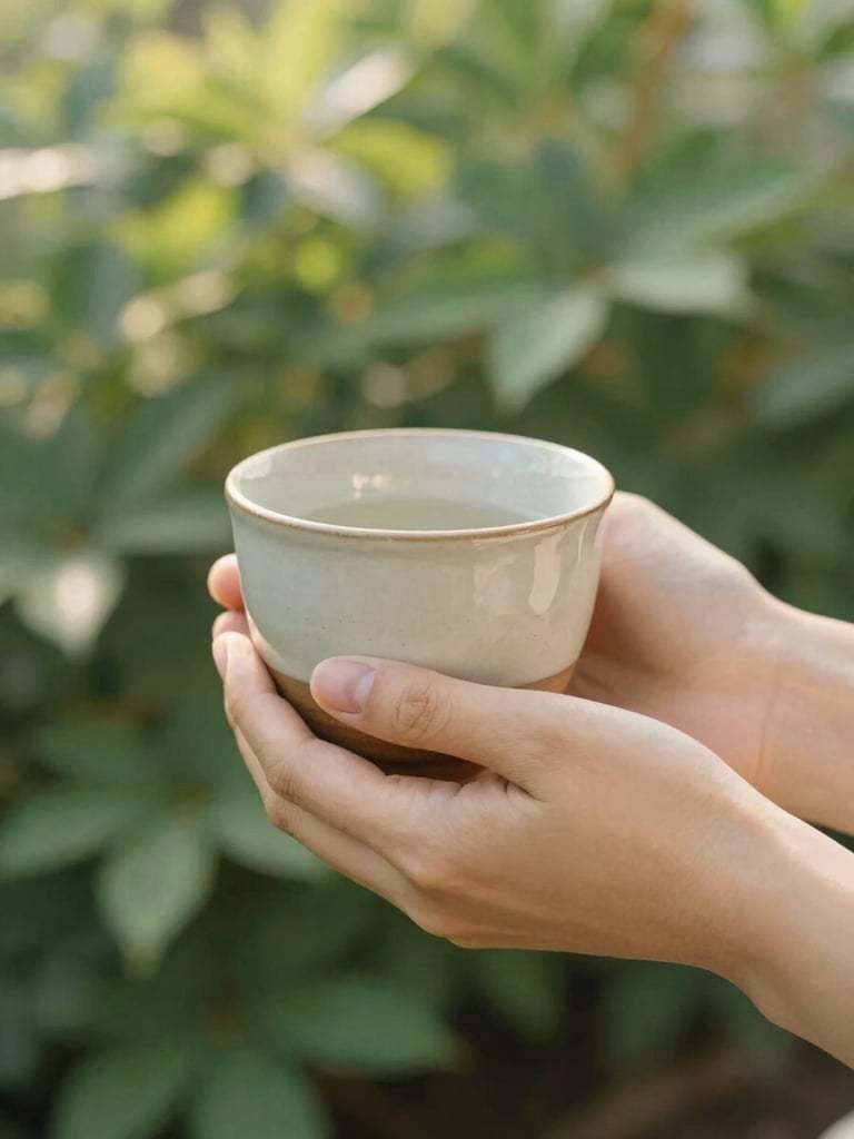 Close-up of gentle hands holding a warm ceramic cup in a sunlit garden, soft green foliage in the background, warm morning light, shallow depth of field, 35mm