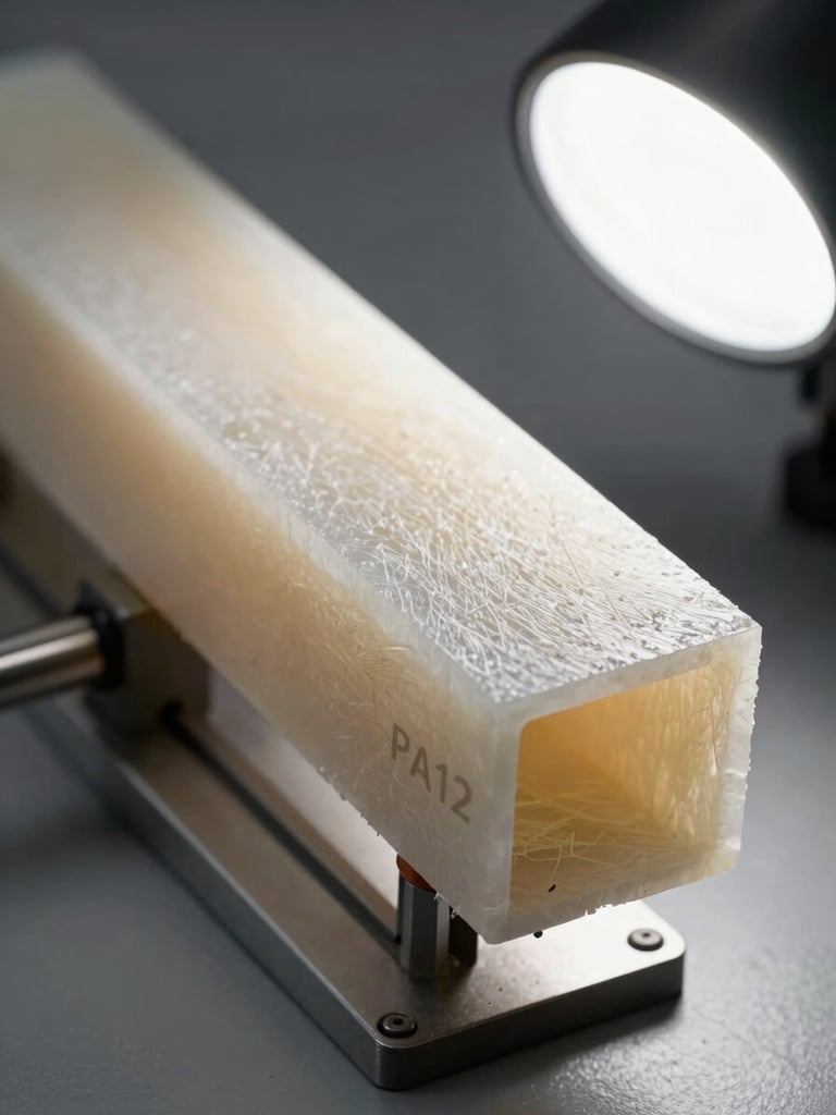 Extreme close-up of a finished PA12 glass-fiber reinforced component held in a calibrated measurement rig, studio strobe lighting from the upper right revealing surface layer definition and dimensional edges, neutral grey workshop bench below, no motion blur, clinical and precise framing