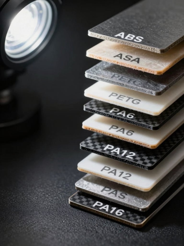 Extreme close-up, studio strobe lighting from upper left, a vertical stack of seven flat engineering material coupons arranged on a matte black surface — ABS, ASA, PETG, PA6, PA12, carbon-fiber reinforced, and glass-fiber reinforced grades — each slightly offset to reveal layer texture and surface finish, framing tight on the right third, generous dark space on the left, no text or labels visible