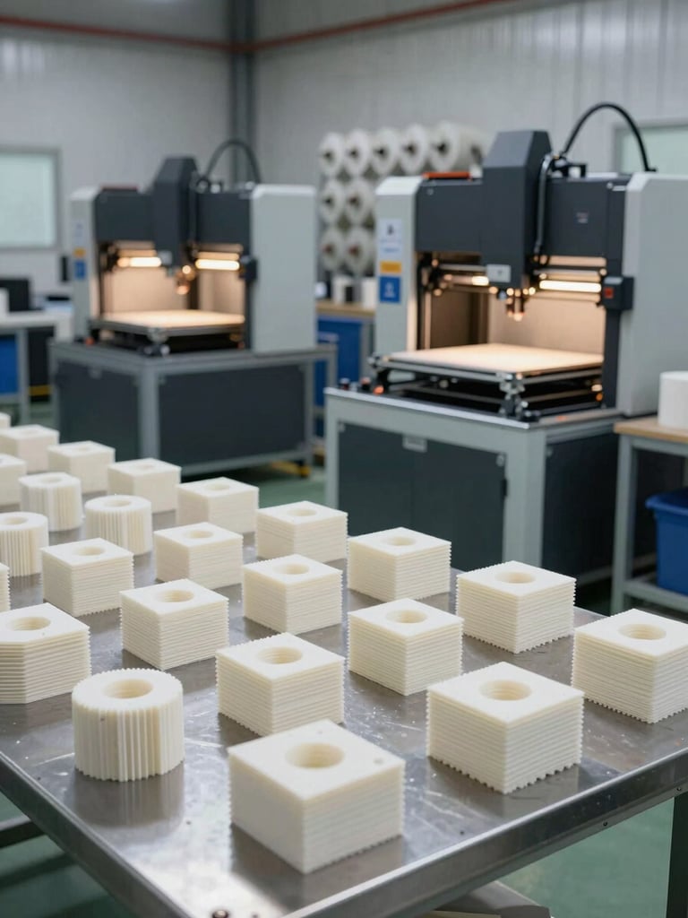 Wide environmental shot of an ordered industrial 3D printing facility floor, two large FDM machines visible in the mid-ground with their build chambers illuminated, finished engineering parts arranged on a steel surface table in the foreground under bright neutral workshop lighting, material spools racked in the background, no people, sharp focus on part surfaces revealing layer resolution and dimensional accuracy