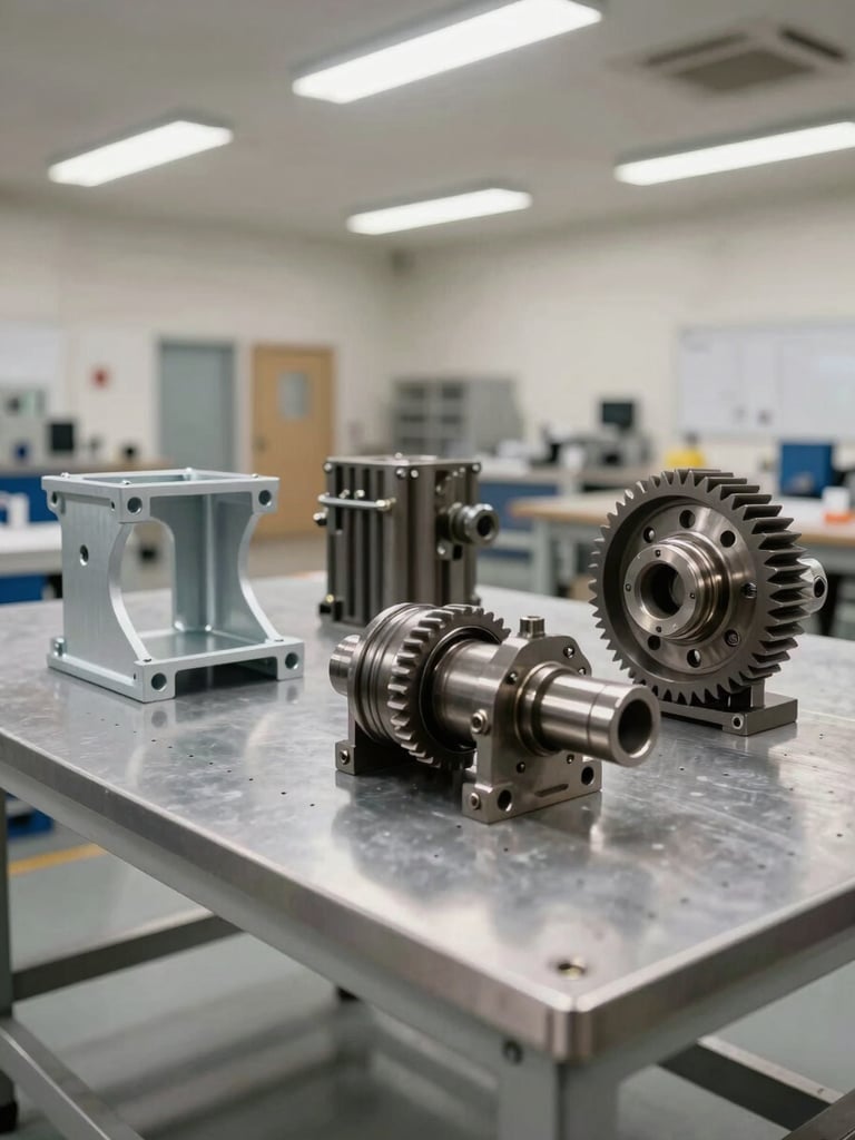 Wide workshop shot, bright neutral daylight from overhead fluorescents, three finished engineering parts — a structural bracket, a gear assembly, and a fluid manifold — arranged in a calibration rig on a steel measurement table, top-down framing at slight angle revealing layer precision and surface texture, no people, no labels, ordered production floor visible in background
