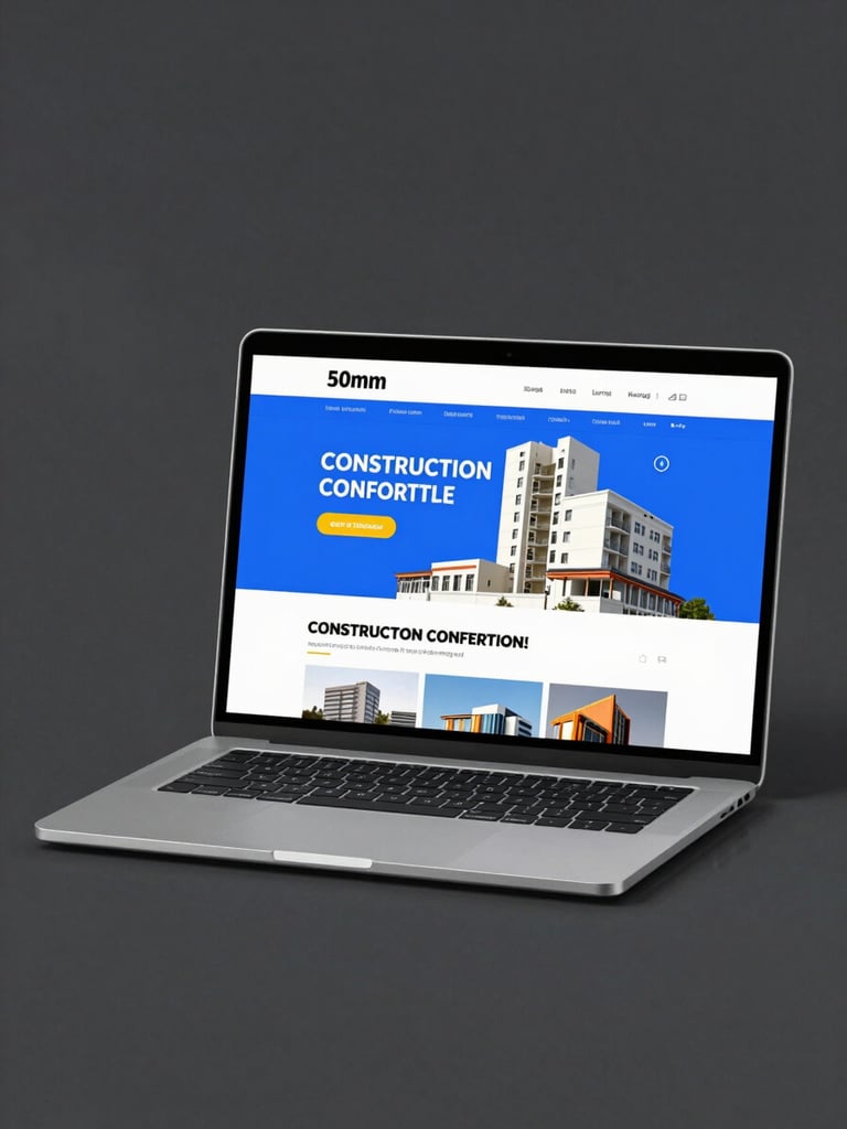 Front-facing isometric laptop mockup on a dark background, displaying a vibrant construction website with bold typography, crisp studio light, cool gray tones.