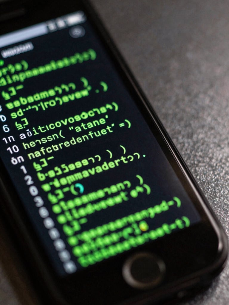 Macro close-up of a mobile screen displaying terminal output, low-key moody lighting with green code reflecting on a dark metallic surface.