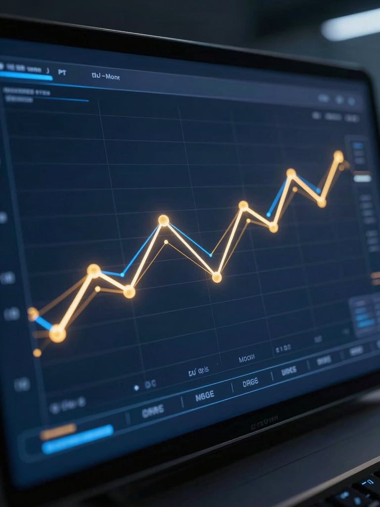 Gráfico de datos abstracto en una pantalla de interfaz de usuario futurista, mostrando líneas de crecimiento y nodos de conexión en tonos azules y dorados, con un enfoque nítido en los detalles técnicos.