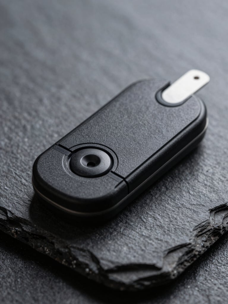 Extreme macro close-up of a sleek, black continuous glucose monitoring sensor resting on a dark, textured slate surface, sharp laboratory lighting, deep shadows.