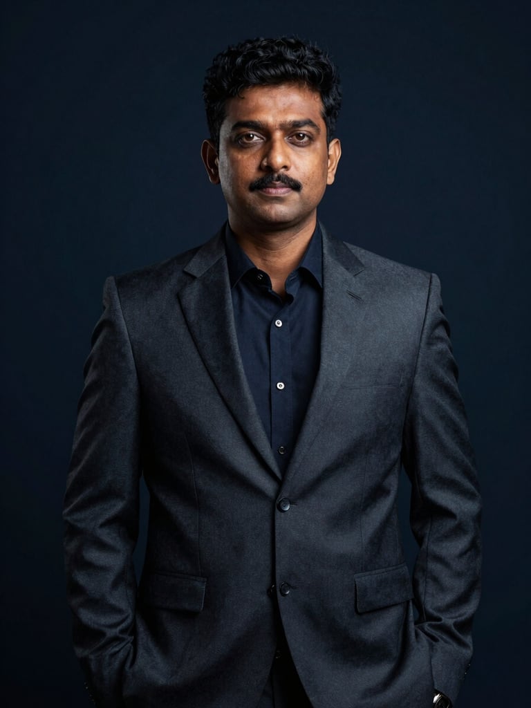 Dramatic low-key studio portrait of Major Jayanthan in a tailored dark charcoal suit, looking confident and disciplined, deep navy background, off-center composition.