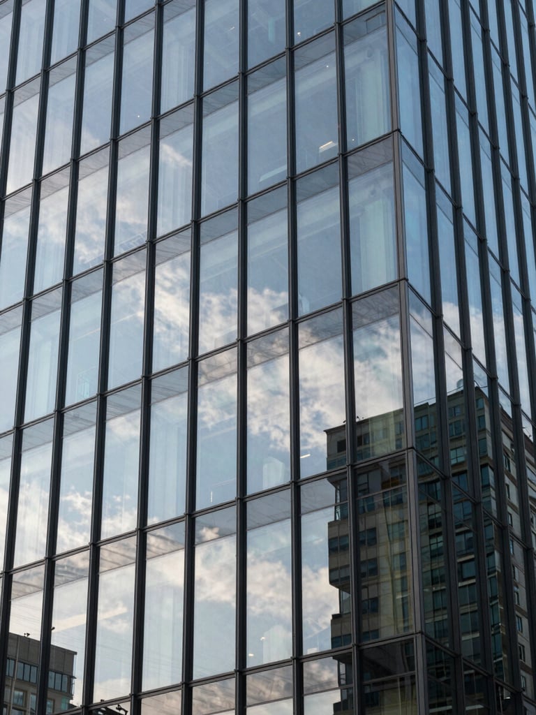 Crisp, daylight architectural view of a modern corporate glass facade reflecting a clear sky, symbolizing structured security and corporate-aligned risk mitigation.