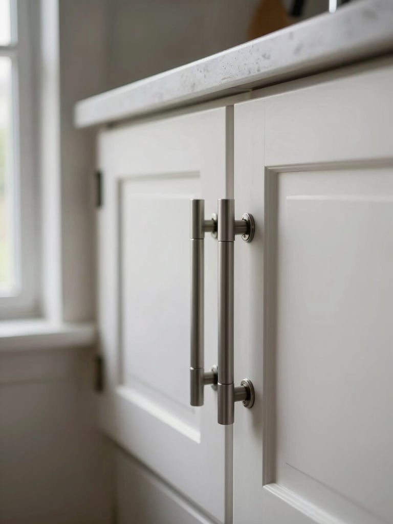 Close-up of a freshly installed kitchen faucet and updated cabinet hardware on clean white cabinetry, natural window light from the left, sharp detail shot showing the specific refresh point, documentary-style even exposure