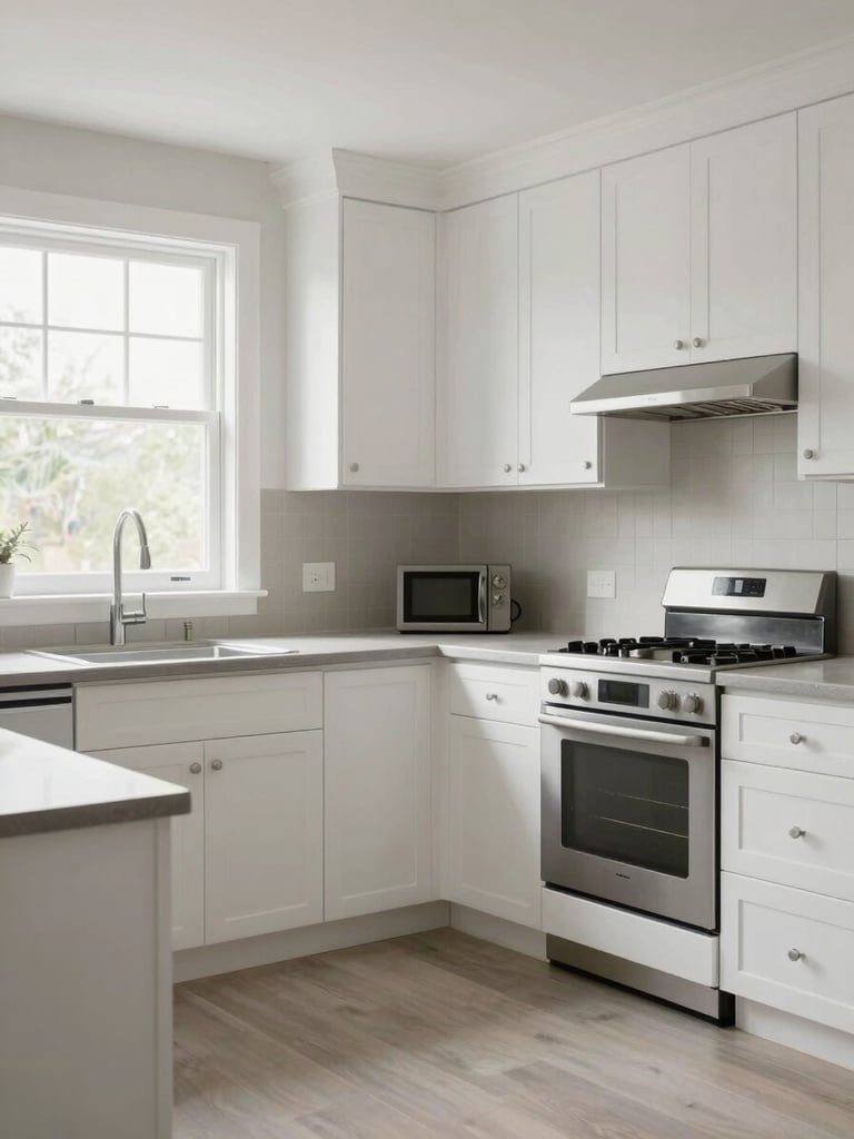 Wide interior shot of a kitchen after refresh — clean white cabinets, new hardware, fresh neutral paint, even daylight from a window left of frame, full-room perspective showing the completed condition