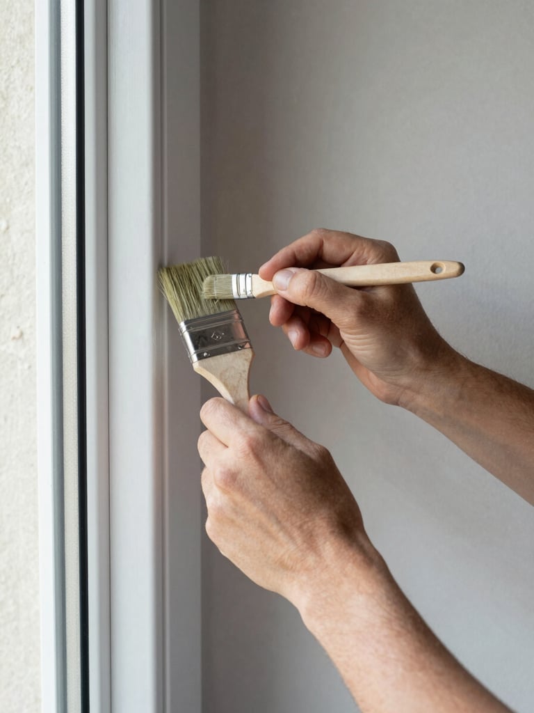 Close-up of a person's hands holding a paint brush against a freshly primed door frame, natural daylight from a window to the left, neutral wall visible in the background, clean documentary framing