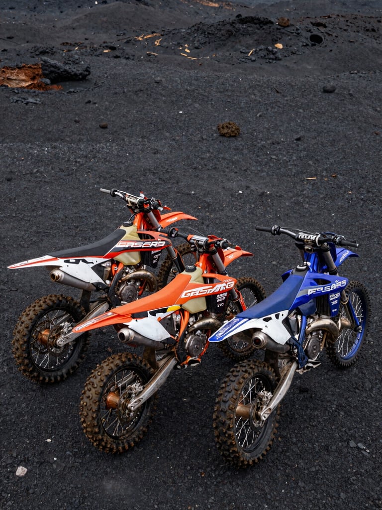 Wide overhead angle, three dirt bikes — KTM, GasGas, Yamaha — parked side by side on dark volcanic rock terrain in overcast light, showing real scale and machine detail, mud visible on tyres, no riders present