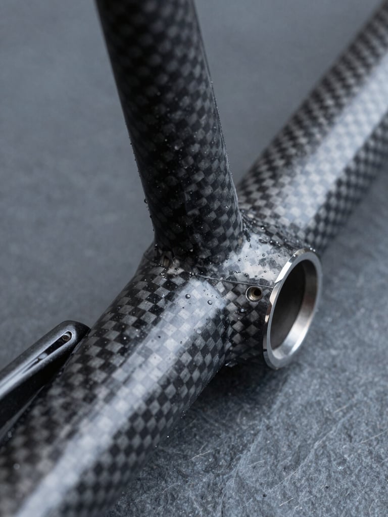 Macro detail of a high-performance carbon fiber bicycle frame joint, cool studio lighting, sharp technical photography, slate tones, depth of field.