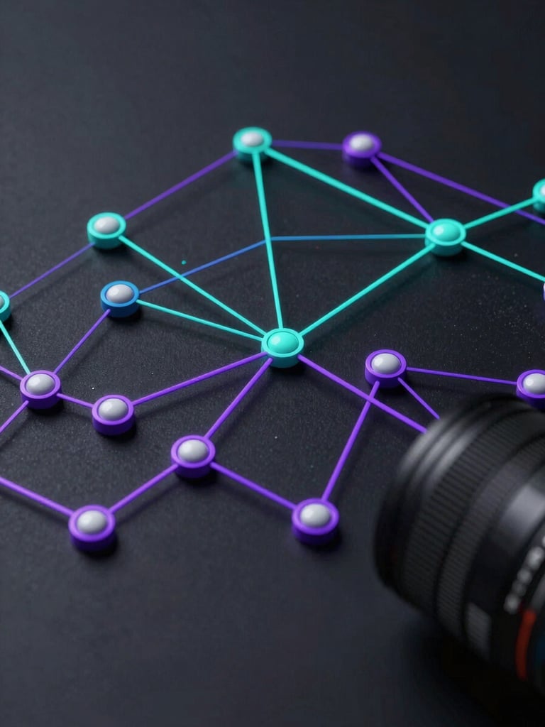 High-fidelity vector node diagram showing complex API payload validation, neon cyan and violet connection lines, dark matte background, clean tech aesthetic