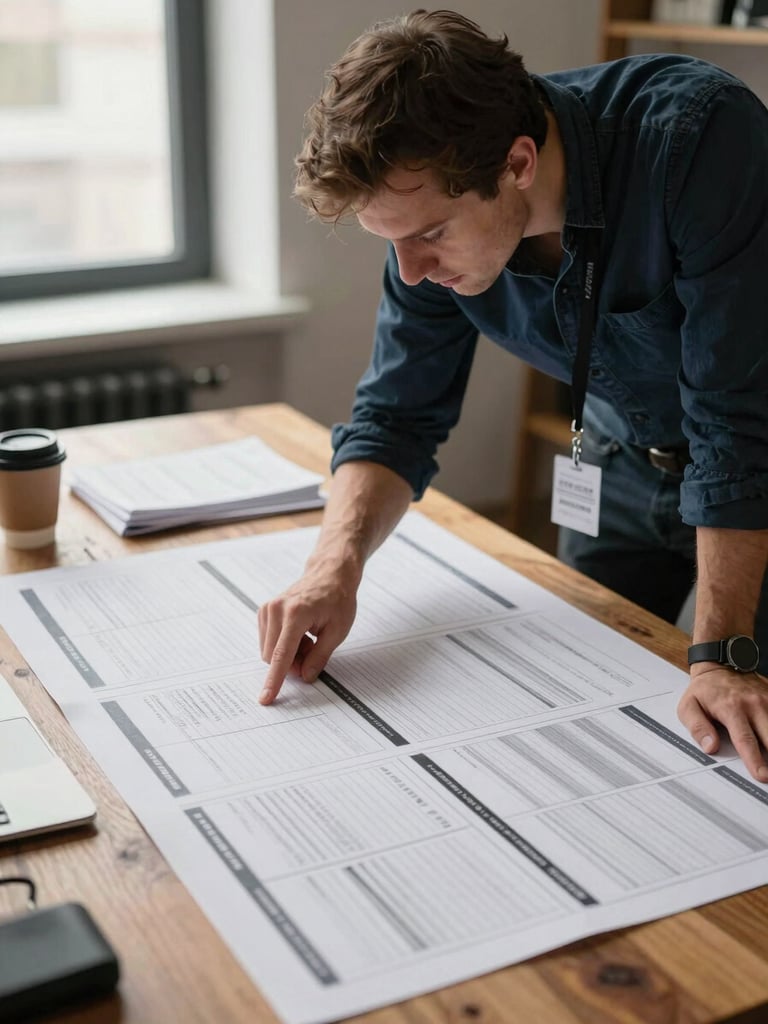 Agency team member leaning over a large printed content grid spread on a wooden table, pointing at a section, natural window light from the left, a coffee cup and scattered notes visible, not posed