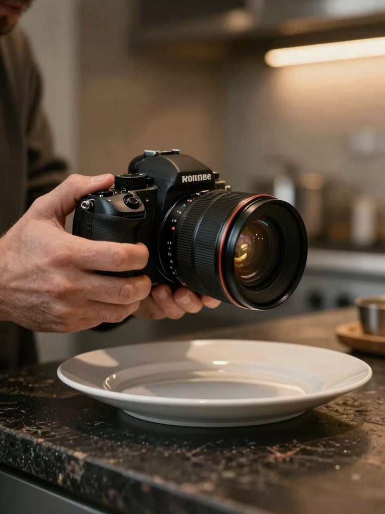 Photographer's hands adjusting a camera angle over a single plated dish on a dark worn counter, available interior kitchen light, shallow depth of field, the background blurring into warm amber