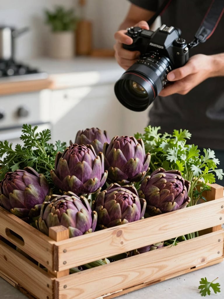A photographer holding a camera over a beautifully arranged wooden crate of fresh purple artichokes and green herbs, soft morning kitchen light, natural shadows.