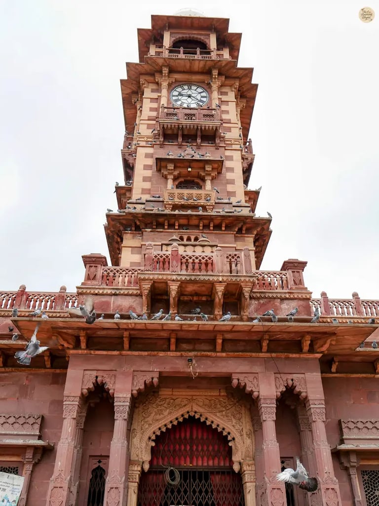 Closer view of Jodhpur’s famous Clock Tower at Sardar Market, a landmark of the Blue City.