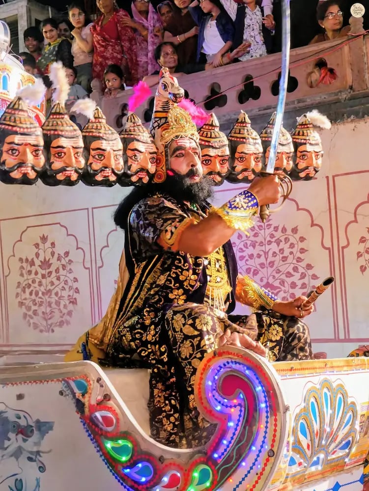 Local actor dressed as ten-headed Ravana during Laxmi Narayan Shobhayatra, Kota Dussehra.