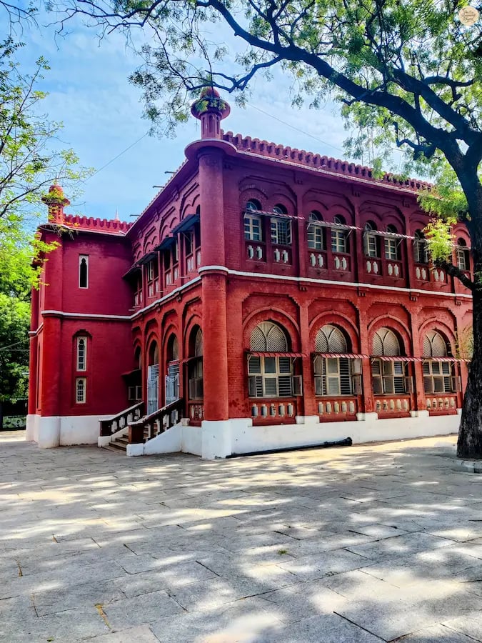 Beautiful red historic building of Thanjavur Museum in Tamil Nadu