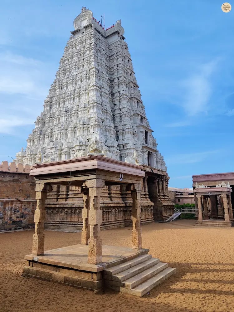 White Gopuram of Sri Ranganathaswamy Temple in Srirangam – unique and mysterious South Indian temple tower.